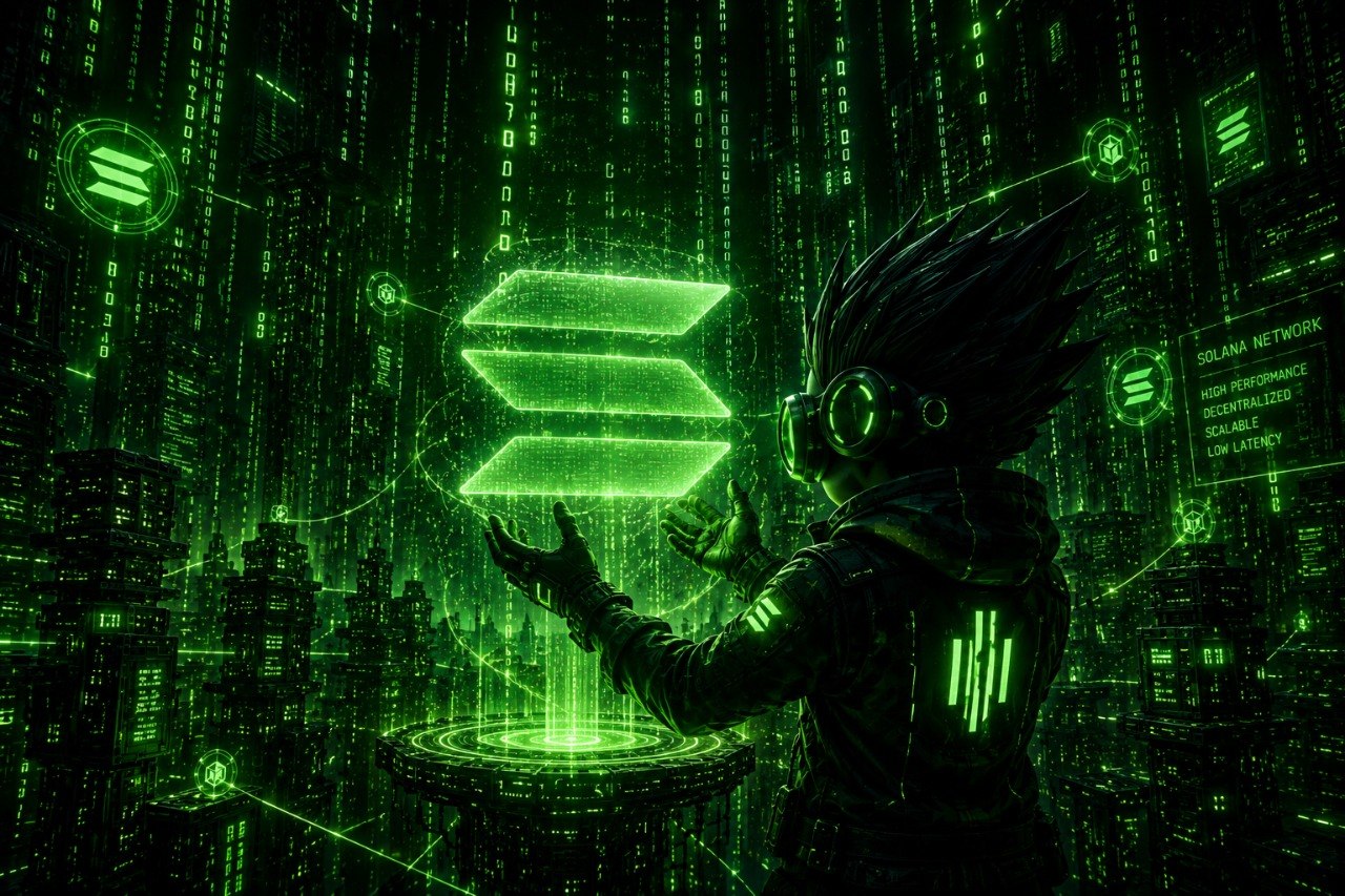 Velatron forging a Solana sigil amid the matrix code rain